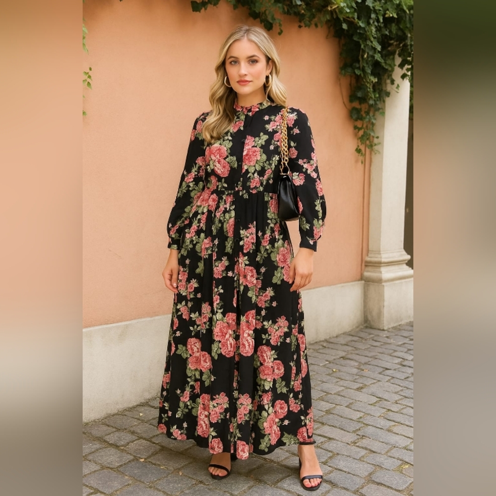 Vintage Style Rose Floral Maxi Dress XXL Black Red Long Sleeve Modest Plus Size